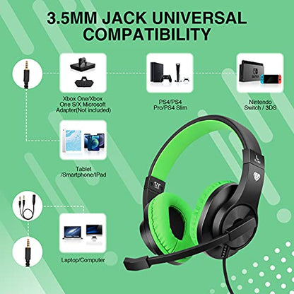 BlueFire Kids Headphones for Online School, Children, Teens, Boys, Girls, 3.5mm Stereo Over-Ear Gaming Headphone with Microphone and Volume Control for PS4, PS5, New Xbox One - color: Green