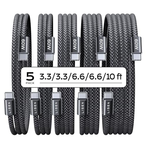 LISEN USB C to USB C Cable, 5-Pack [3.3/3.3/6.6/6.6/10FT] for iPhone 17 Charger Cord, 60W C to C Cable Fast Charging for iPad, iPhone 16 15 Pro Max, Galaxy S25/S24 USBC to USBC Cable Gifts for Men - color: Black, size: 3.3+3.3+6.6+6.6+10FT