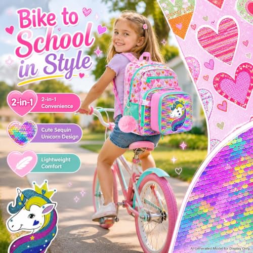 gxtvo 3PCS Girls Backpack, 16" Sequin Prechool Elementary Bookbag and Lunch Box - color: Reversible Sequins Unicorn Clip-on Backpack