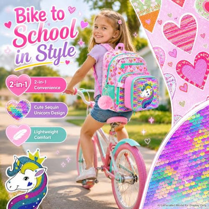 gxtvo 3PCS Girls Backpack, 16" Sequin Prechool Elementary Bookbag and Lunch Box - color: Reversible Sequins Unicorn Clip-on Backpack