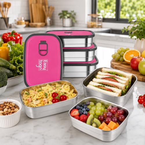 Easy Togo 3-Pack Stainless Steel Lunch Containers – Airtight Leakproof Food Storage Boxes for Meal Prep, Snacks & Leftovers – 37oz + 23oz + 12oz, Pink Lid, Reusable Bento Set for Adults