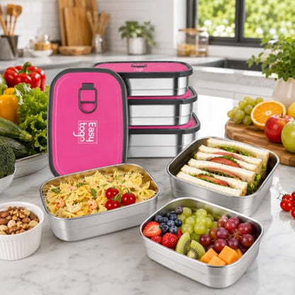 Easy Togo 3-Pack Stainless Steel Lunch Containers – Airtight Leakproof Food Storage Boxes for Meal Prep, Snacks & Leftovers – 37oz + 23oz + 12oz, Pink Lid, Reusable Bento Set for Adults