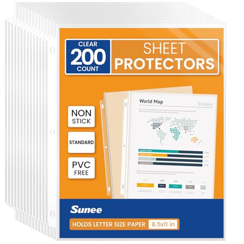 SUNEE Sheet Protectors 200 Packs for 3 Ring Binder, PVC-Free Clear Page Protectors 8.5x11 Inches Plastic Cover for Paper, Documents, Photos, Top Loading Binder Sleeves Letter Size