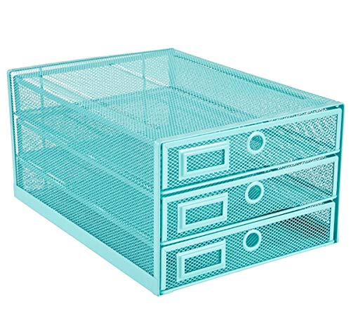 Annova Desk Organizer Wire Mesh 3 Tier Sliding Drawers Paper Sorter/Multifunctional/Premium Solid Construction for Letters, Documents, Mail, Files, Paper, Kids' Art Supplies (Turquoise) - color: Turquoise