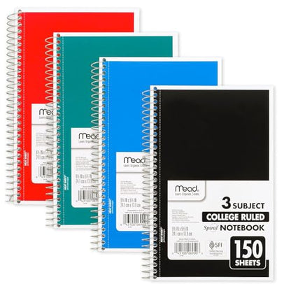 Mead 3-Subject Notebooks, 5.5" x 9.5", College Ruled, 150 Sheets, Assorted Colors, 12/Carton