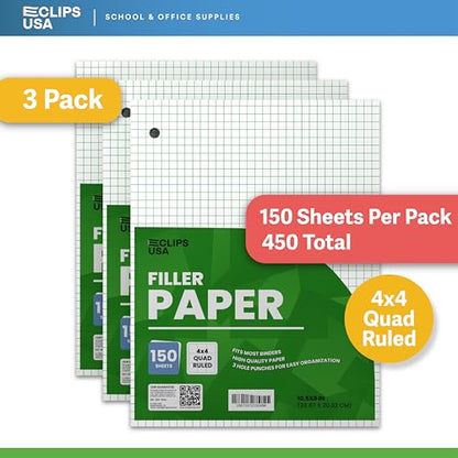 Graph Paper Loose Leaf Paper Quad Ruled Notebook Paper Quad Ruled 4” x 4” Square Lined Writing Filler Paper 10.5” x 8” 450 Sheets 150 Sheets Per Pack 60 gsm (3 Pack) - size: 3 Pack