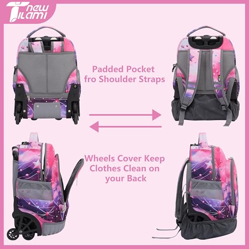 NEW TILAMI 16 Inch Rolling Backpack with Lunch Bag for Kids Adjustable Handle Carry-on Suitcase Wheels for Girls Boys School Travel Camping, Pink - Purple Galaxy - color: Pink - Purple Galaxy
