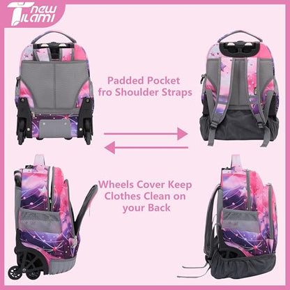 NEW TILAMI 16 Inch Rolling Backpack with Lunch Bag for Kids Adjustable Handle Carry-on Suitcase Wheels for Girls Boys School Travel Camping, Pink - Purple Galaxy - color: Pink - Purple Galaxy