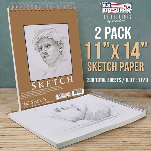 U.S. Art Supply 11"x14" Top Spiral Bound Sketch Book, 2 Pack, 100 Sheets Each, 60lb (100gsm), Acid-Free, Artist Sketchbook, Drawing Pad for Adults & Students - size: 11-x-14-inch
