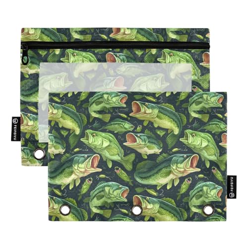 Green Bass Fish Binder Pencil Pouches, Pencil Case with Clear Window 3 Rings Pen Case Holder School Office Supplies Cosmetic Makeup Bag 2 Pack - color: Multicolored-3