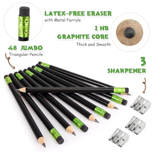 Fainne 48 Pcs Fat Pencils Jumbo Big Thick Large Pencils and 3 Pieces Sharpeners for Kids Beginners Preschoolers Kindergarten School Office Supplies(Black,Round) - color: Black, style: Round