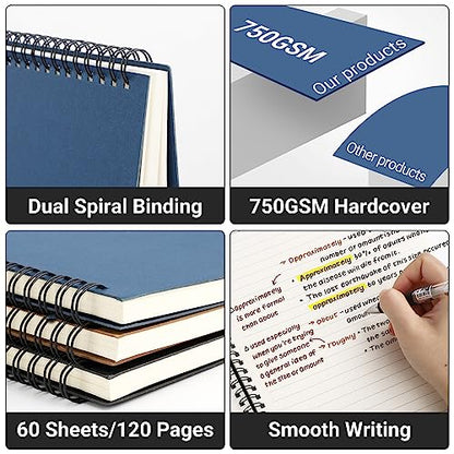EUSOAR Spiral Notebook, 3 Packs A4 8.5"x11" Notebooks College Ruled, 120Pages/ 60Sheets Lined Composition Notebook，Thick Paper Notebook Journals Student Office Traveling Diary-Black,Royal Blue,Coffee - color: Black/Royal Blue/Coffee, size: 3Packs