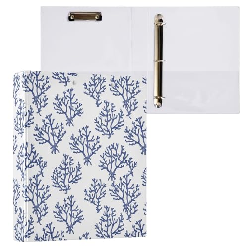 Coral Navy Blue and White 3 Ring Binder 1.5" Decorative D-Ring Binder with Clipboard&3 Clear Pockets, Holds 200 Sheets A4 Size Paper Waterproof Binders for School Home Office - color: Blue Sea Coral, size: ‎12.4x10.63x2.36 Inch-1 Pack