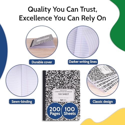 24 Pack - EPI Marble Hardcover Wide Ruled Composition Notebook | 200 Pages (100 Sheets), 9.75 x 7.5 in, Sturdy Sewn Binding | School, Office, Journaling, Notes - size: Pack of 24, style: Wide Ruled