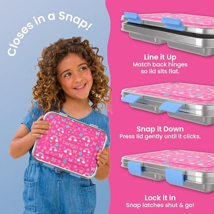 Bentgo Kids Stainless Steel Prints Leak-Resistant Lunch Box - 3-Compartments with Silicone Container, Durable, Eco-Friendly, Dishwasher Safe, BPA-Free, for School, Ages 3+ (Rainbows & Butterflies) - color: Rainbows and Butterflies