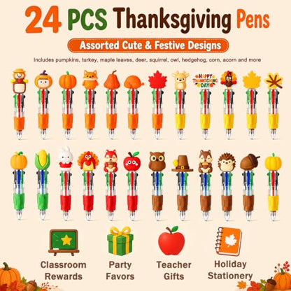 Vellibring 24 Pcs Thanksgiving Pens, Fun Autumn 4-in-1 Maple Leaf Pumpkin Turkey Animal Character MultiColor Pens Fall Harvest Party Favor Classroom Reward Stationery Gift - style: Thanksgiving-24pcs