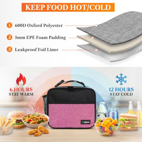 opux Insulated Lunch Bag for Kids, Reusable Lunch Box for School with Leakproof Lining, Compact Soft Cooler Tote for Boys & Girls, Front Pocket, Mesh Side Bottle Holder (Heather Pink) - color: Heather Pink