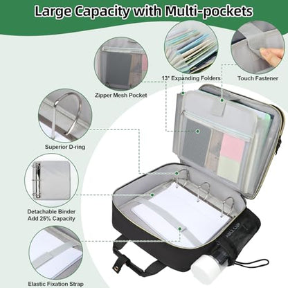 3 Inch D-Ring Zipper Binder Bag for 700 Sheet Capacity& 13 Inch Laptop Compartment, Detachable Zip Up Binder Case with 13 Expanding Pockets Accordion File Organizer for School Office (Black)