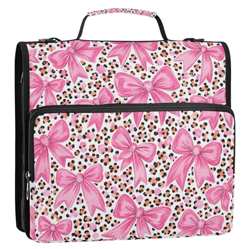 Zipper 3 Ring Binder Bag Bows Leopard Expanding File Portfolio Storage Organizer 2-Inch, 500 Sheets Multi-Pocket Shoulder Strap for School Office Kids Adults - color: Pink White Bows Leopard