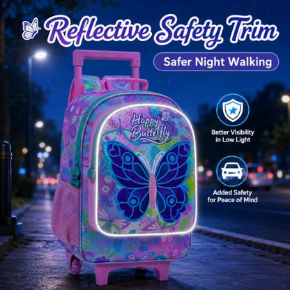 WZLVO 3PCS Roller Backpack for Girls, 18" Sparkling Butterfly Print Kids Rolling Backpack, Includes Matching Lunch Bag & Pencil Bag - Butterfly with Wings (Pink) - color: 3pcs Girls Rolling Backpack - Butterfly With Wings