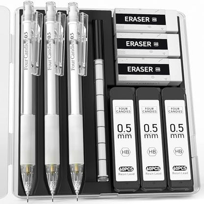 Four Candies Cute Mechanical Pencil Set with Case - 3PCS Pencils 0.5mm with 180PCS HB Lead Refills, 3PCS Erasers, 9PCS Eraser Refills, White Clear Mechanical Pencil for Students Drawing, Writing - size: White-0.5MM