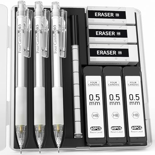 Four Candies Cute Mechanical Pencil Set with Case - 3PCS Pencils 0.5mm with 180PCS HB Lead Refills, 3PCS Erasers, 9PCS Eraser Refills, White Clear Mechanical Pencil for Students Drawing, Writing - size: White-0.5MM