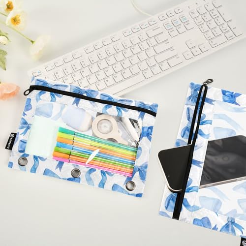Binder Pencil Pouches Blue Ribbon Bows Watercolor Pen Case | Clear Window 3 Rings, Cosmetic Bags School Office Supplies Cosmetic Makeup Bag 2 Psc - color: Multi-blue Ribbon Bows