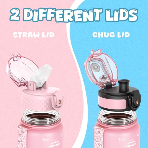 OLDLEY Kids Water Bottle for School, 17 oz (2 lids) BPA-Free Reusable Leak-proof Durable Tritan Plastic Water Bottles with Straw & Chug Lids, Anti-dust Spout Cover (Pink Blue) - color: A-Pink Blue, size: 17 Ounces