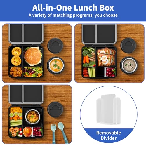 Bento Box for Kids with Thermo Food Container (9oz), 4-Compartment Lunch Box, Adjustable Divider, Leakproof Bento Lunch Box, Includes Utensils & Carry Bag for School, Office(Black-Game) - color: Black-Game