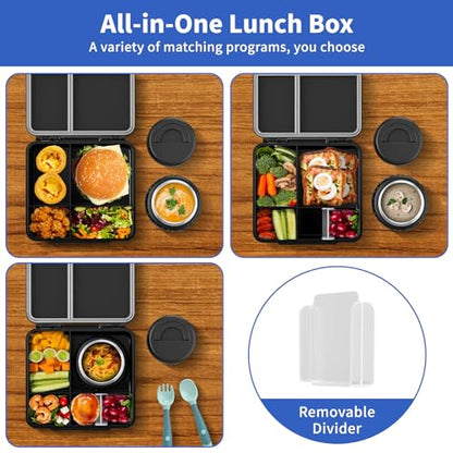 Bento Box for Kids with Thermo Food Container (9oz), 4-Compartment Lunch Box, Adjustable Divider, Leakproof Bento Lunch Box, Includes Utensils & Carry Bag for School, Office(Black-Game) - color: Black-Game