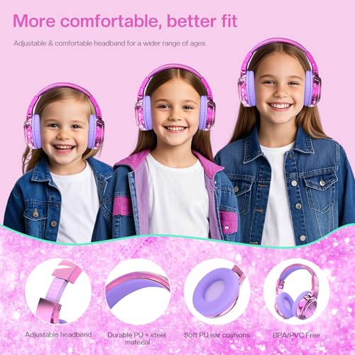 QearFun Kids Bluetooth Headphones, 60H Playtime, 74/85/94dB Safe Volume Limit, Metallic Gradient Wireless Headset with HD Mic, Fast Charging, Foldable, Wired 3.5mm Mode for School/Tablet/Travels - color: A-Purple