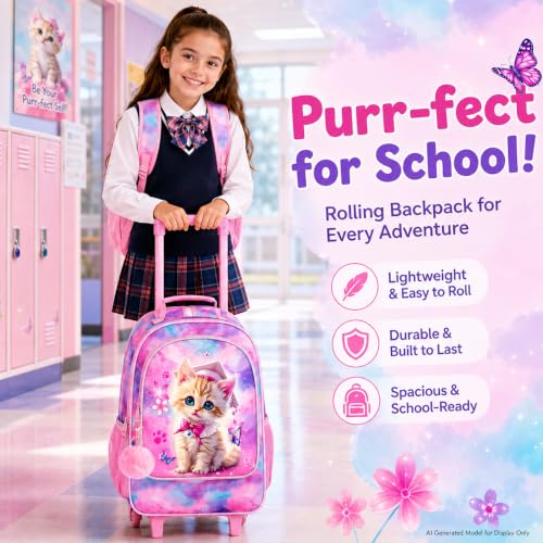 AGSDON 3PCS Rolling Backpack for Girls and Boys, Kids Roller Wheels Bookbag, Wheeled Elementary School Bag with Lunch Bag - color: Doctor Cat