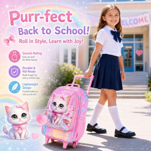 CCJPX 3PCS Rolling Backpack for Girls, Kids Cat Roller Wheels School Bookbag with Lunch Bag, Wheeled School Bag for Toddler Elementary Children - color: Pink Cat