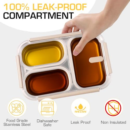 Stainless Steel Lunch Box, 3 Compartments Metal Bento Box for Kids, 25oz Lunch Container with Leakproof Lid, Divided Meal Prep Box for Adults, Kids - Ideal for Office, School, Healthy Eating - color: Cream Beige
