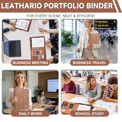 Leathario Portfolio Binder, Includes 5 Sheet Protectors and a Pen, 13 Inch Tablets Organizer, Vegan Leather A4 Padfolio, Multi-Pocket Notepad Business Planner Professional Document - color: Relief Brown