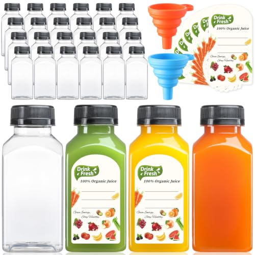 24 PACK, 8 OZ Reusable Thicker Plastic Juice Bottles with Caps, Leakproof | Plus 24 Labels & 2 Funnels, Clear Juicing Bottles for Juice, Smoothies, Ginger, Tea, Coffee -Food Grade & Travel & Freezable - size: 8oz
