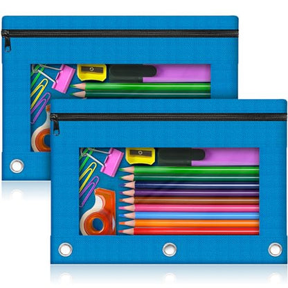 Pencil Pouch for 3 Ring Binder, 2 Pack Pencil Bags with Zipper, Blue Pencil Case for Classroom School Office Supplies, Large Sturdy and Durable Cloth Pencil Pocket for 3 Holder Binder - color: Blue
