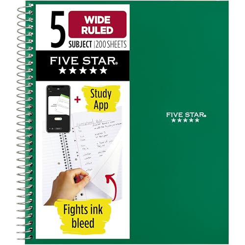 Five Star Spiral Notebook + Study App, 5 Subject, Wide Ruled Paper, 8" x 10.5", 200 Sheets, Fights Ink Bleed, Water Resistant Cover, Forest Green (930012CE1) - color: Green, size: 8" x 10.5" (Pack of 1)