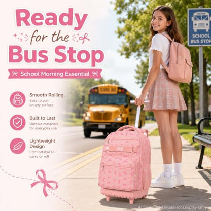 AGSDON Playful Bow Print Girls Rolling Backpack Set – 20” Roller Bookbag with Matching Lunch Box for Travel, Commute & School | Water-Resistant Fashion Wheeled Organizer in Pink - color: Rolling Backpack Set - Bow Pink