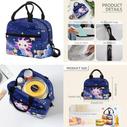 Starry Axolotl School Backpack and Lunch Bag Set, 4 Pieces Comfortable Daypack with Pencil Case & Water Bottle Holder for 3rd-7th Grade Students Daily School Use - color: Starry Axolotl Print