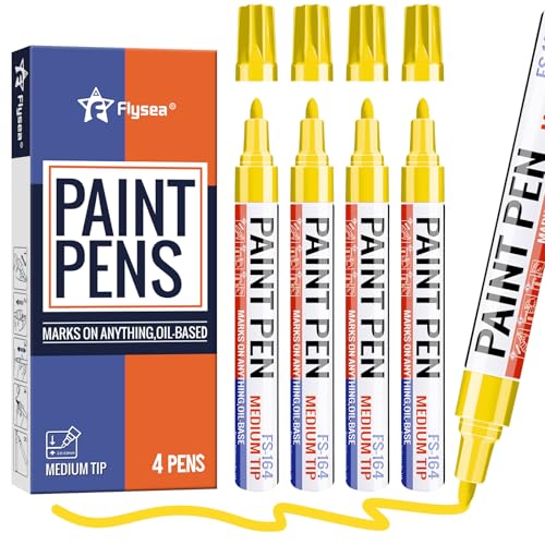 Yellow Paint Pens Permanent Marker Pen 4 Pcs Waterproof Oil Based Paint Markers 3mm Medium Round Tip Quick-drying Paint Marker Pens for Rock Painting, Black Paper, Metal, Tyre, Glass, Wood - color: Yellow