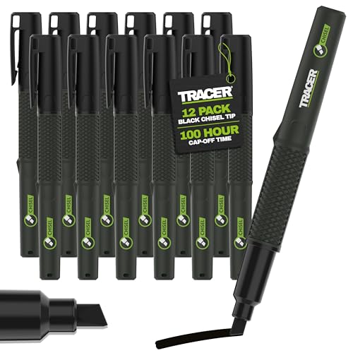 Tracer 2.0 Pack of 12 Chisel Tip Permanent Markers Black - Bulk Wide Tip Black Markers for Adults Carpentry and Construction Markers - Thick Wide Chisel Tip Marker Pens - 100 Hour Cap Off Time - size: 1 Count (Pack of 12)