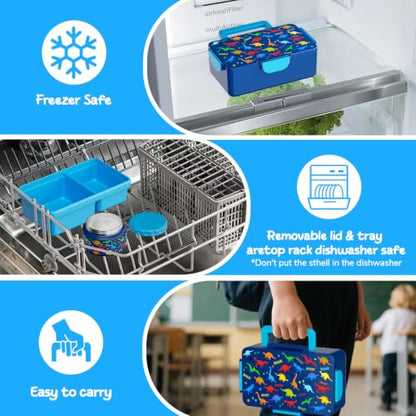 Dinosaur Bento Lunch Box for Kids – 12 oz Stainless‑Steel Soup Thermo & 3‑Compartment Leak‑Proof Food Container with Built‑In Ice Pack, Insulated Food Jar for Boys & Girls, School & Travel - color: Blue-Dinosaur