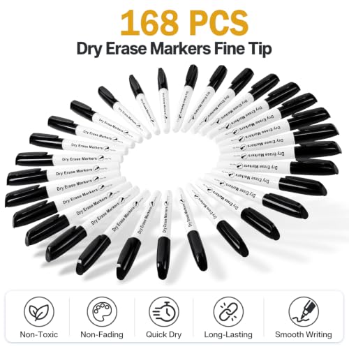 Jumlys 168 Pack Black Dry Erase Markers Fine Tip Bulk, Low Odor Ink | Non-Toxic, Quick-Drying, Easy to Erase from Whiteboards, Ideal for Classrooms, Offices and Home
