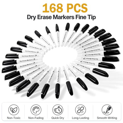 Jumlys 168 Pack Black Dry Erase Markers Fine Tip Bulk, Low Odor Ink | Non-Toxic, Quick-Drying, Easy to Erase from Whiteboards, Ideal for Classrooms, Offices and Home