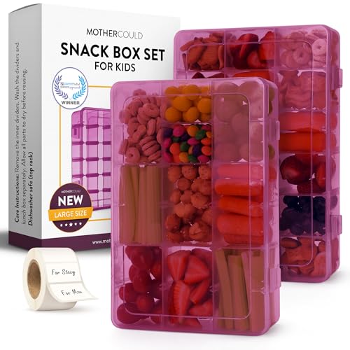 Large Kids Snack Box Containers Set of 2 -100 Labels, BPA-Free, Adjustable Compartments, Dishwasher Safe, Reusable Tray, Food Grade, Meal Prep Container, PARENT TESTED PARENT APPROVED AWARD (Purple) - color: Purple, size: Large