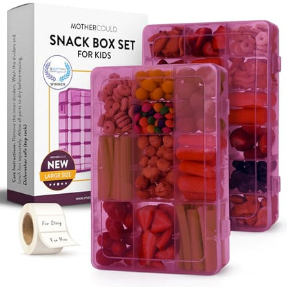 Large Kids Snack Box Containers Set of 2 -100 Labels, BPA-Free, Adjustable Compartments, Dishwasher Safe, Reusable Tray, Food Grade, Meal Prep Container, PARENT TESTED PARENT APPROVED AWARD (Purple) - color: Purple, size: Large