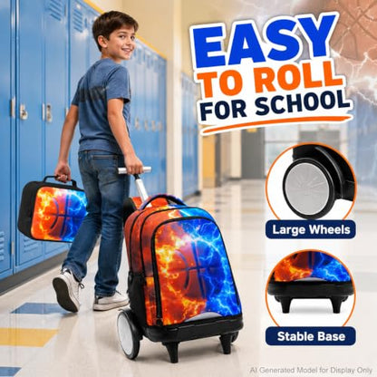 gxtvo Large Wheels & Quiet Glide | Rolling Backpack for Kids - Water-Resistant Wheeled Bag with Lunch Box for School, Travel & Outings - Fire & Lightning Basketball - color: Rolling Backpack Fire Lightning Basketball
