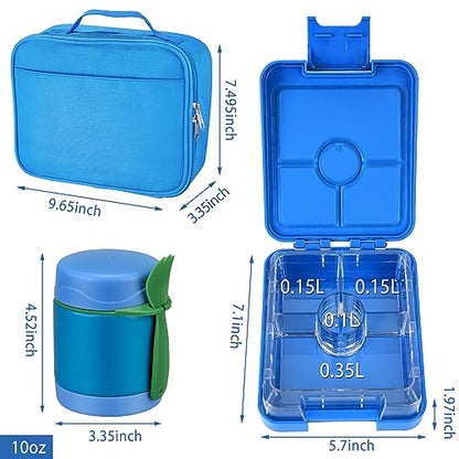 Bento Lunch Box Set for Kids with 10oz Soup Thermo, Leak-Proof Lunch Containers with 4 Compartment, Thermo Hot Food Jar and Insulated Lunch Bag for Kids to School,BPA-Free(Blue) - color: Blue
