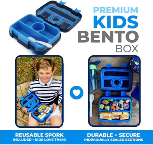 kinsho Kids Lunch Box - Bento Box for Boys Toddler Daycare, 4 Portion Sections with Lid, Snack Container Pre-School Kid Lunches Toddlers Removable Tray BPA Free, 3+ Years Old, Blue Rocket Dinosaur - color: Blue Rocket Dinosaur Bento